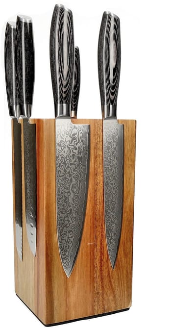 Shinrai Knives - Damast Pakka Wood 6-delige Messenset + Messenblok Robur