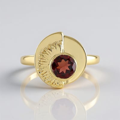 Cavill - Zilveren Ring Verguld - Mozambique Granaat 0,843 ct - Rond Geslepen 6 mm - 925 Sterling Zilver - Elegante Handgemaakte Ring - Luxe Sieraad