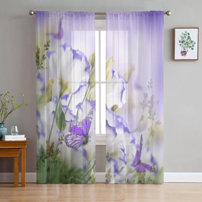 Rozen En Vlinder Bloemen Bloemen Paarse Tule Transparante Gordijnen voor Woonkamer Slaapkamer Keuken Decoratie Voile Organza Gordijnen 135W x 114H(cm) white