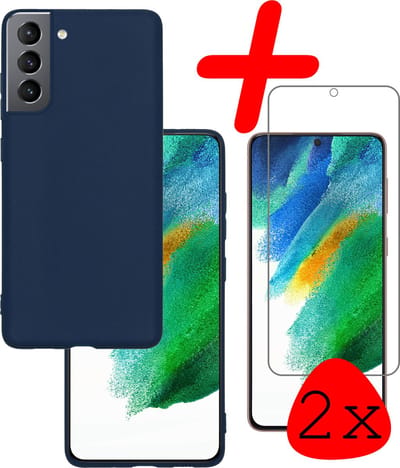 Hoesje Met 2x Screenprotector - Geschikt voor Samsung Galaxy S21 FE - Sterk & Shockproof - Back Cover - Siliconen Case - Telefoon Hoes - Donkerblauw