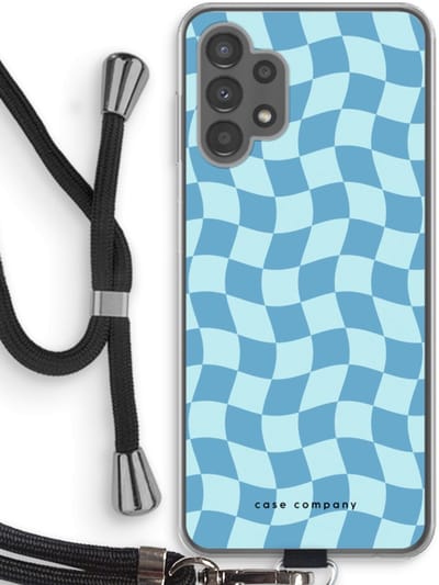Case Company® - Hoesje met koord geschikt voor Samsung Galaxy A13 4G hoesje met Koord - Grid Blauw - Telefoonhoesje met Zwart Koord - Bescherming aan alle Kanten en Over de Schermrand
