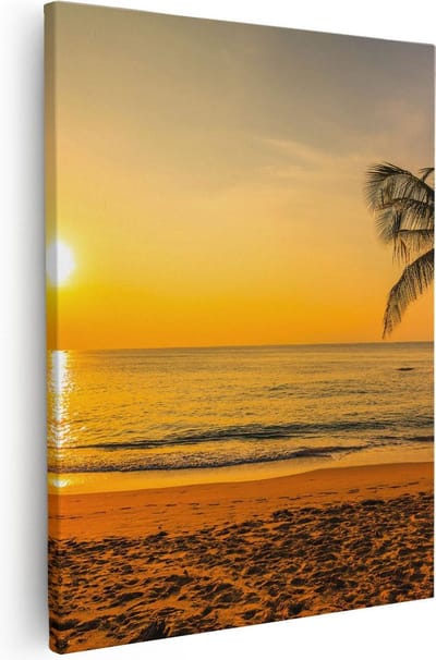 Artaza Canvas Schilderij Strand En Zee - 80x100 cm - Groot - Wanddecoratie Zonsondergang - Muurdecoratie Palmboom - Schilderijen Op Canvas Kust