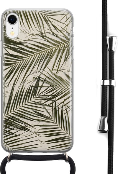Hoesje met koord - Geschikt voor iPhone XR - Palmbladeren - Verstelbaar zwart koord - Transparant, Groen - Natuur - Leuke Telefoonhoesjes