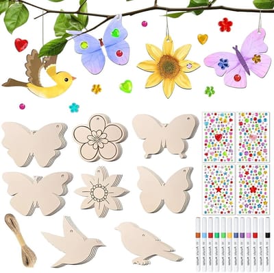 57 stuks houten knutselsets voor kinderen, vlinder en bloem ontwerpen, waterdichte schilderhangers, creatieve doe-het-zelf decoratie met aquarelstiften