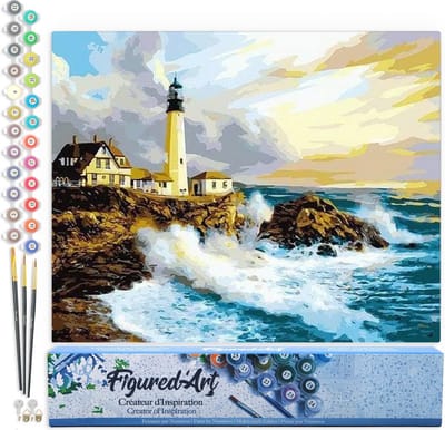 Figured'Art Schilderen op Nummer Volwassenen canvas Storm bij de vuurtoren - Handwerk acrylverf Kit DIY Compleet - 40x50cm zonder frame