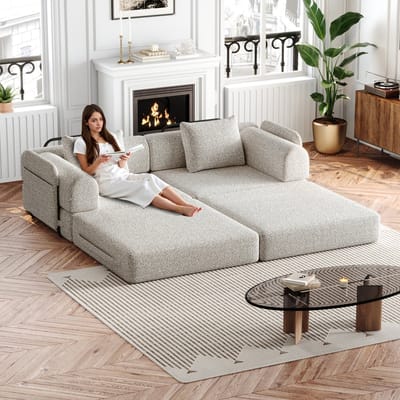 2-delige chenille slaapbank - ombouwbaar tot bed - 2 personen, ca. 150x80x80 cm - diverse kleuren - opbergvak in armleuning - stalen frame - modulair combineerbaar