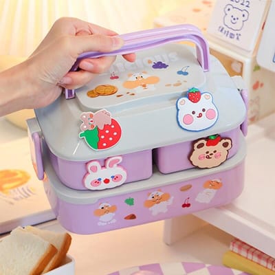 Kawaii Draagbare Lunchbox Voor Meisjes School Kinderen Plastic Picknick Bento Box Magnetron Voedseldoos Met Compartimenten Opslagcontainers gray