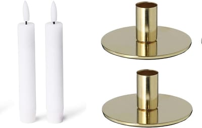Novaliv set van 2 kaarsenhouders, metaal, rond, goud, 10 x 5 cm, met LED-kaars, premium op batterijen, elektrisch, kersttafeldecoratie, kandelaar, vintage kaarsenhouder, kaarsenbord, woonkamer
