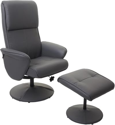 Relaxfauteuil Helsinki, TV relaxfauteuil TV fauteuil met kruk ~ kunstleer, mat grijs