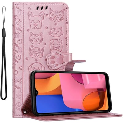Cadorabo Hoesje geschikt voor Samsung Galaxy A20s in SHINY ROSE GOUD - Beschermhoes honden en katten met standfunctie en kaartsleuven Book Case Cover Etui