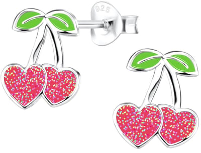Joy|S - Zilveren kers oorbellen - 9 x 10 mm - rode hartjes met glitters