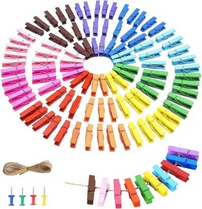 Wasknijpers, 3,5 cm, 100 Stuks, Met 12 m Jute Koord en 4 Fotonaalden voor Foto's, Ansichtkaarten en Brieven