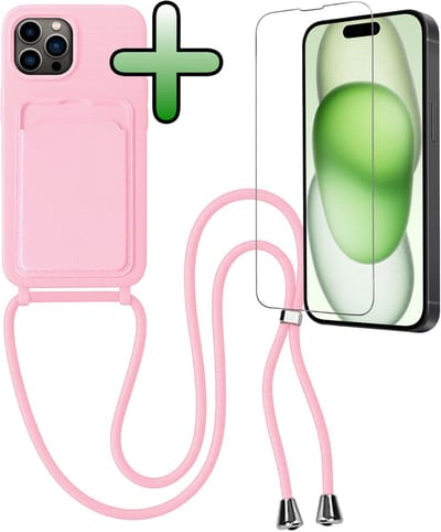 Hoes Geschikt voor iPhone 14 Pro Hoesje Pas Houder Case Hoes Met Koord Met Screenprotector - Hoesje Geschikt voor iPhone 14 Pro Hoes Met Telefoonkoord Pasjeshouder Cover - Lichtroze