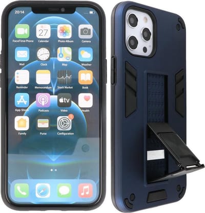 Hoesje met Magnetic Stand Hard Case Geschikt voor de iPhone 12 - iPhone 12 Pro - Stand Shockproof Telefoonhoesje - Grip Stand Back Cover - Navy