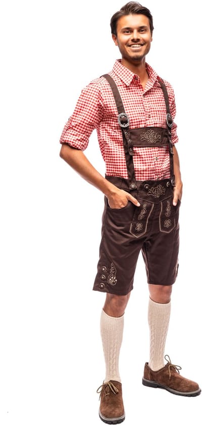 Samex® Lederhosen Man - Compleet Lederhose Kostuum - Inclusief Rood Overhemd - Lederhose - Oktoberfest Heren - Carnavalskleding - Verkleedkleren mannen - Bruin - Maat S