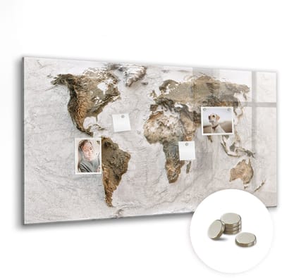 Tulup Glassboards - Oude wereldkaart Magneetbord - 120 cm x 60 cm - Bruin Magnetic Board - Gratis 5 Sterke Magneten - Decoratief Magnetisch Bord - Magneetbord Keuken - Memobord Keuken - Inspiratiebord Kantoor - Magnetisch Wandbord