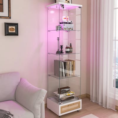 Pugsdrly Moderne vitrinekast met lades, vitrinekast met ledverlichting, boekenrek van gehard glas, kast met één deur en vier legplanken, geschikt voor woon- en slaapkamer, wit - H167/B42,5/D36,5 cm