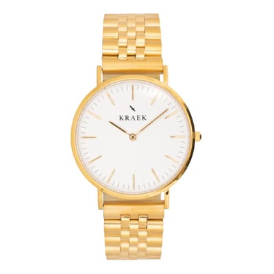 KRAEK Viola Goud Wit 36 mm Dames Horloge | Stalen horlogebandje | Schakelbandje | Minimaal Design | Svelte collectie