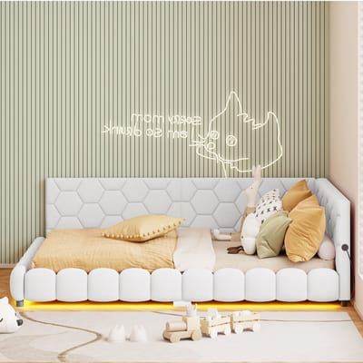 LED-slaapbank, 140x200 cm, met USB-poort – lamsvachtstof, app-gestuurde verlichting, kan gebruikt worden als logeerbed, wit