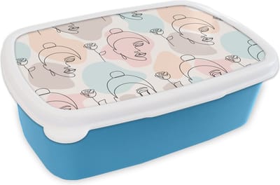 Broodtrommel Blauw - Lunchbox - Brooddoos - Vrouw - Bloemen - Line Art - Pastel - Patroon - 18x12x6 cm - Kinderen - Jongen