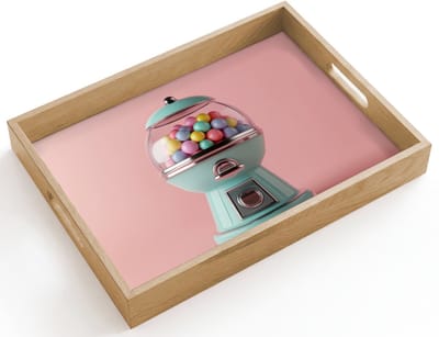 Dienblad hout 40x30 cm - Schootdienblad - Kauwgom - Retro - Snoep - Roze - Borrelplank rechthoek - Plateau dienbladen