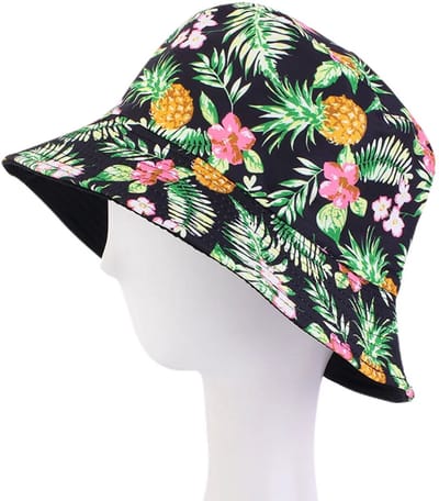 Bucket Hat - Omkeerbaar Vissershoedje - Dubbellaags - Ananassen Zwart - Reversible naar Zwart - Maat 58 cm - Heren - Dames - Festival Accessoire - Festivalhoedje - Regenhoedje - Zonnehoedje - Emmerhoed - Hoed - Unisex
