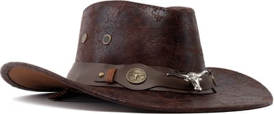 KIMU® Cowboyhoed Donkerbruin Leer Stier - Bruine Leren Leatherlook Cowboy Western Hoed Stierenkop Dames Heren - Cowgirl Zilveren Bull Yellowstone Festival