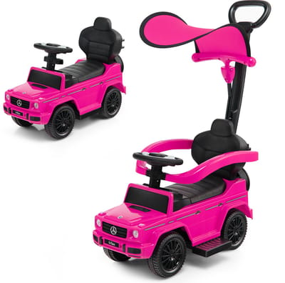COSTWAY Mercedes Benz Glijauto, 3-in-1 glijbaan met zonnedak, opbergruimte en afneembare beschermbeugel en duwstang, glijvoertuig met motorgeluid en claxon, voor kinderen vanaf 1 jaar (roze)