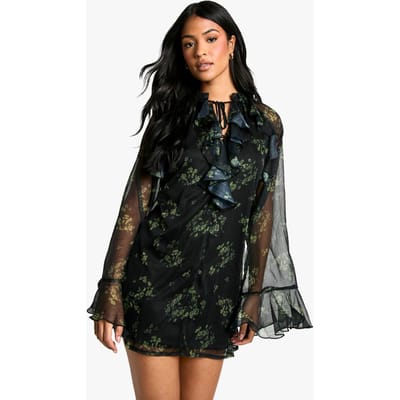 boohoo Dames Lange Donkere Bloemen Ruffle Uitlopende Mouw Shift-Jurk | Zwart | Maat: 36