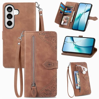 Telefoonhoesje geschikt voor Samsung Galaxy S26 - Portemonnee met rits - book-case hoesje - ruimte voor 7 pasjes - mandala bloemen bruin