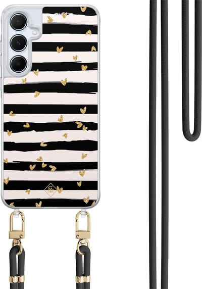 Casimoda® hoesje met koord - Geschikt voor Samsung A35 - Hart Streepjes - Afneembaar koord - TPU/polycarbonaat - Zwart