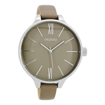OOZOO Timepieces - Zilverkleurige horloge met taupe leren band - C9543