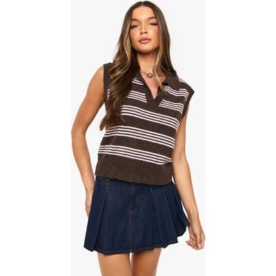 boohoo Dames Vest met kraag, V-hals, gebreid, met dunne strepen | Chocolate | Maat: Large
