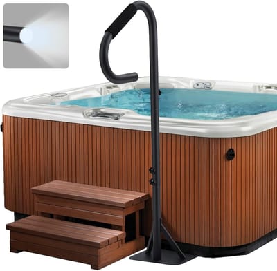 Luxe Spa & Hot Tub Leuning met Sfeervolle LED Verlichting - 360° Draaibaar - In Hoogte Verstelbaar (89-145 cm) - Instaphulp met Bodemplaat - Tot 272 kg Draaggewicht