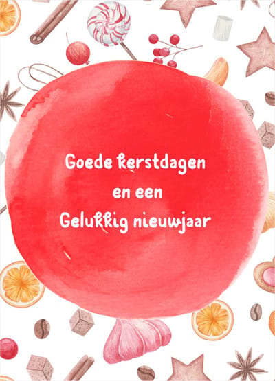 Aquarel kerstkaart met snoepgoed- Goede kerstdagen en een gelukkig nieuwjaar- Kwaliteitskaart 400 grams papier- Achterzijde voorbedrukt met adresregels