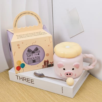 Cartoon Beker voor Meisjes met Hoge Waarde Bloem Varken Mok met Deksel Lepel Huishoudelijke Keramische Beker Geschenkdoos Souvenir Waterbeker 301-400ml