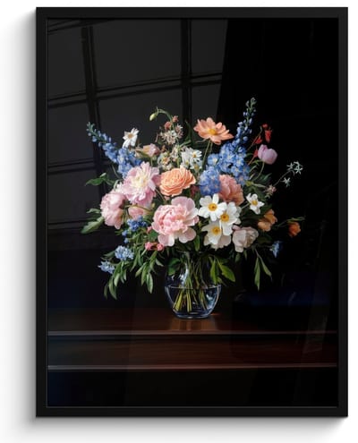 Poster in lijst - Fotolijst 50x70 cm - Posters - Pastel - Bloemen - Glazen - Vaas - Posterlijst zwart - Decoratie - Wanddecoratie woonkamer - Muurdecoratie slaapkamer