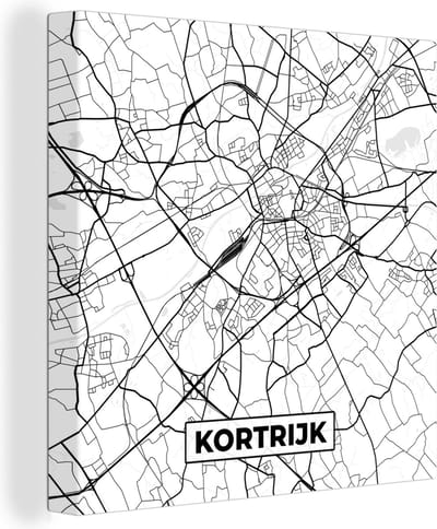 Canvas Schilderij België – Kortrijk – Stadskaart – Kaart – Zwart Wit – Plattegrond - 20x20 cm - Wanddecoratie