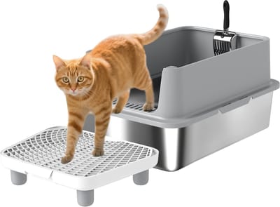PawHut Kattenbak - Roestvrij staal, PP - 60,2 x 40,2 x 29,6 cm - Grijs