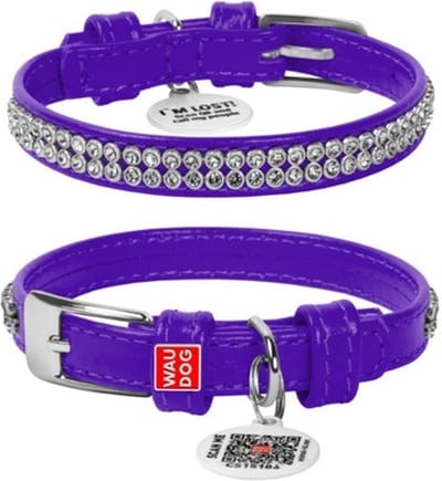 WAUDOG Glamour Halsband / Hondenhalsband - Echt Leder - Paars met Strass steentjes - XS - Breedte: 12 mm - Nekomtrek: 21 - 29 cm (GELIEVE ALVORENS BESTELLEN OPMETEN)
