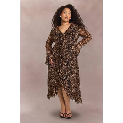 boohoo Dames Plus Chiffon Luipaard Ruffle Midaxi Jurk | Luipaardprint | Maat: 44