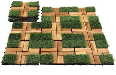 Fiqops Houten tegels, 30 x 30 cm, acaciahout, vloertegels, 110 stuks, 10 m², terrasvloer buiten, kliktegels, terras, mozaïek voor tuin, patio, balkon, vloerbedekking (gras)