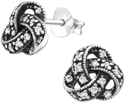 Joy|S - Zilveren classic knoop oorbellen - 8 mm - zirkonia - geoxideerd