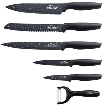 SMH LINE® Messenset - 6 Delig - Professionele keukenmessen Set - Antiaanbaklaag - RVS - Zwart