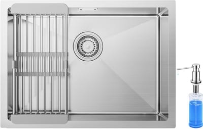 CECIPA Max Spoelbak RVS (60x44CM) - Spoelbak Keuken Met Zeepdispenser 300ML - Spoelbakken Keuken - Wasbak Keuken Met Verstelbaar Mandje - Met Afdruiprek