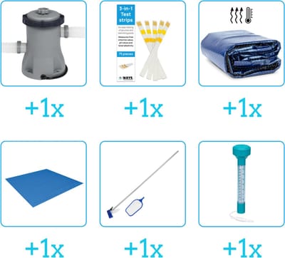 Accessoires voor Bestway Fast Set Opblaasbaar zwembad - 305x66 cm - Rond - Bestway - 57456 - Pomp - Testrips - Solarzeil - Grondzeil - Schoonmaakset - Thermometer