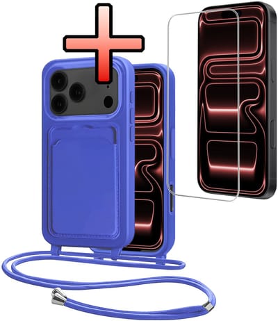 Hoes Geschikt voor iPhone 17 Pro Hoesje Pasjeshouder Cover Met Koord Case Siliconen Hoes Met Telefoonkoord en Kaarthouder Met Screenprotector - Felblauw