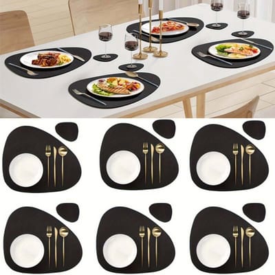 6-delige Set Dubbelzijdige Lederen Placemats (inclusief Onderzetters) | Driehoekig-ovaal Ontwerp, PU-leer, Water- En Vetafstotend, Gemakkelijk Schoon Te Maken, Hittebestendig En Isolerend, Geschikt Voor Gezinsmaaltijden/cafés/feestjes, Zwart