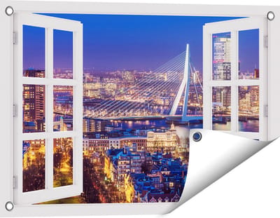 Gards Tuinposter Doorkijk Rotterdamse Skyline met de Erasmusbrug - 60x40 cm - Tuindoek - Tuindecoratie - Wanddecoratie buiten - Tuinschilderij