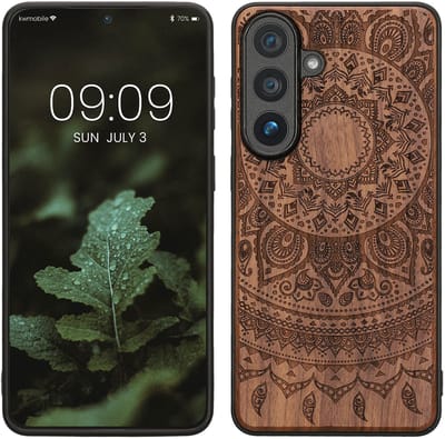 kwmobile telefoonhoesje geschikt voorSamsung Galaxy S26 Plus - Hoesje met bumper - hout - In donkerbruin Indian Sun design